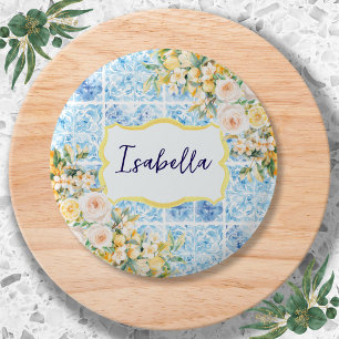 Blue Mediterranean Tiles Flower Lemon Personalized 2 Inch Round Button