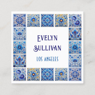 Blue mediterranean tiles frame business card