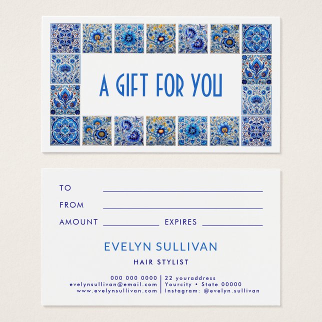 Blue mediterranean tiles frame gift card (Front & Back)