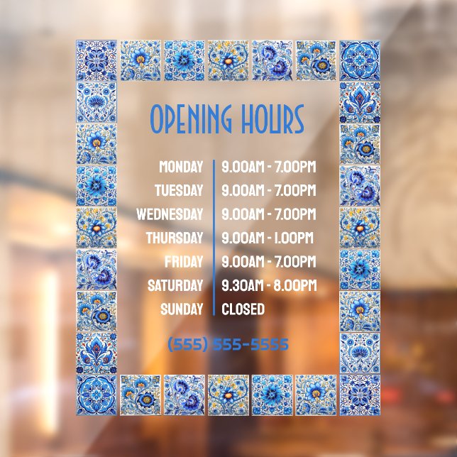 Blue Mediterranean Tiles Frame Opening Hours Window Cling (Sheet 2)