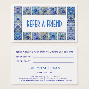 Blue mediterranean tiles frame referral card