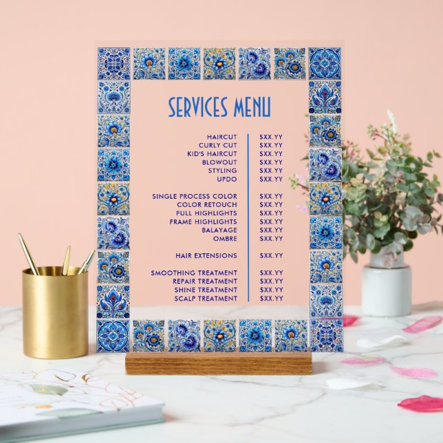 Blue Mediterranean Tiles Frame Services Menu Acrylic Sign (Wedding)