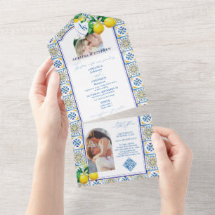 Blue Mediterranean Tiles Italy Crest Lemon Wedding All In One Invitation