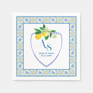 Blue Mediterranean Tiles Italy Crest Lemon Wedding Napkin