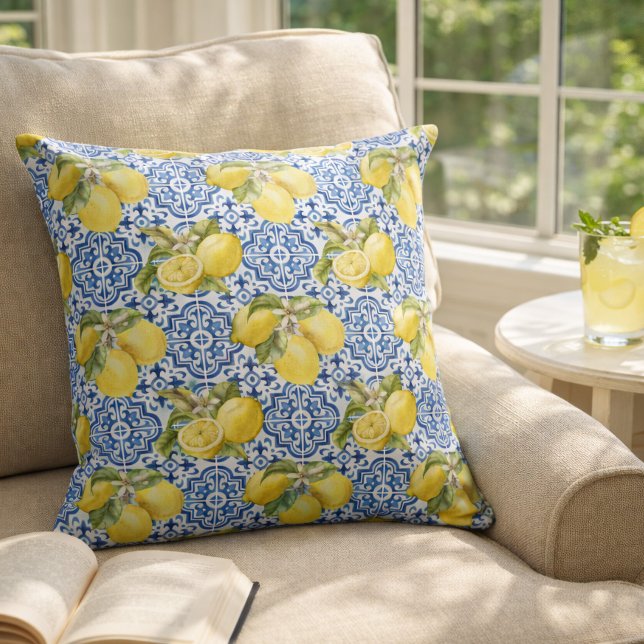Blue Mediterranean Tiles Lemon Pattern Throw Pillow (Creator Uploaded)