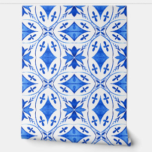 Blue Mediterranean watercolor tile pattern  Wallpaper