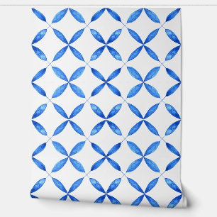Blue Mediterranean watercolor tile pattern Wallpaper