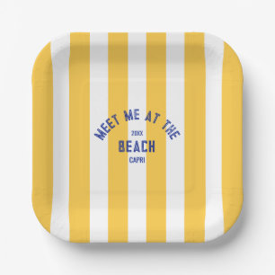 Blue Meet Me At The Beach Yellow Cabana Stripe Paper Plate