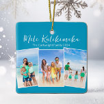 Blue Mele Kalikimaka Beach Trip Photo Christmas Ceramic Ornament<br><div class="desc">Chic customizable beach family photo collage Christmas ornament with your favourite tropical photo in the sun. Add 3 vertical photographs of your favourite trip from your island vacation to the coast. A beautiful coastal holiday ornament gift with pretty blue script above the three pictures.</div>