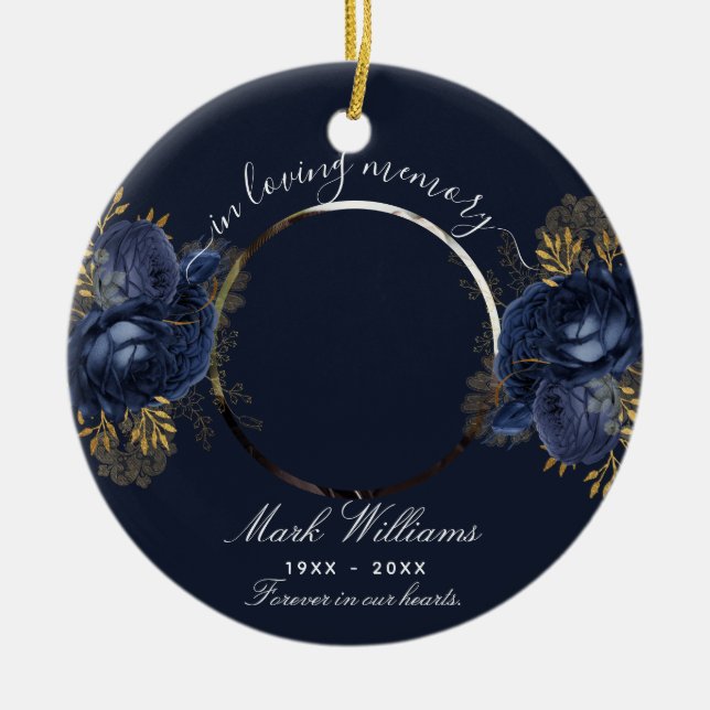 Blue memorial photo flowers  ceramic ornament (Front)