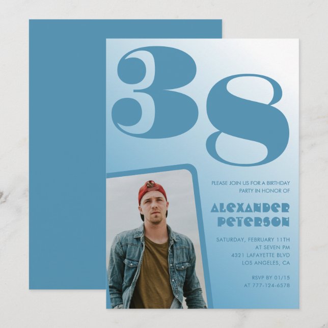 Blue Men Photo gradient 38th birthday invitations  (Front/Back)