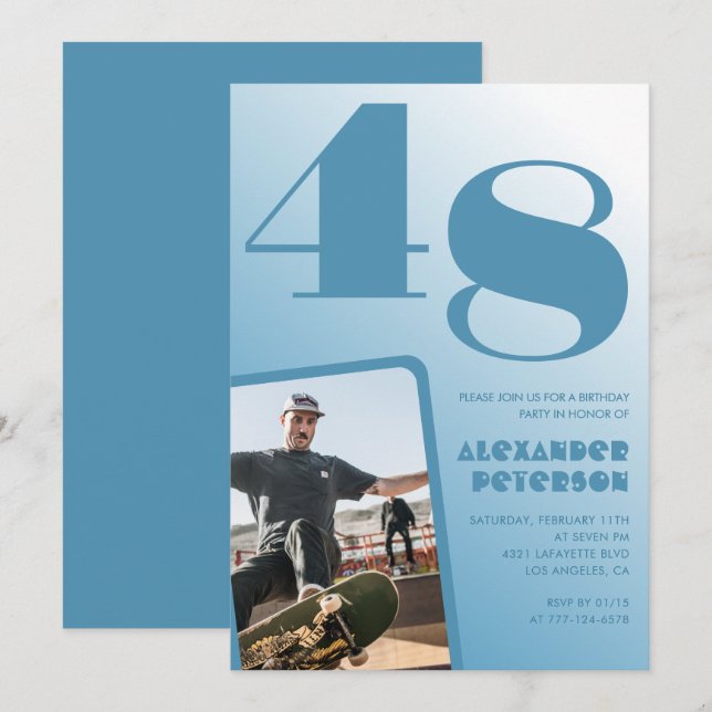 Blue Men Photo gradient 48th birthday invitations  (Front/Back)
