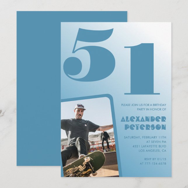 Blue Men Photo gradient 51st birthday invitations  (Front/Back)