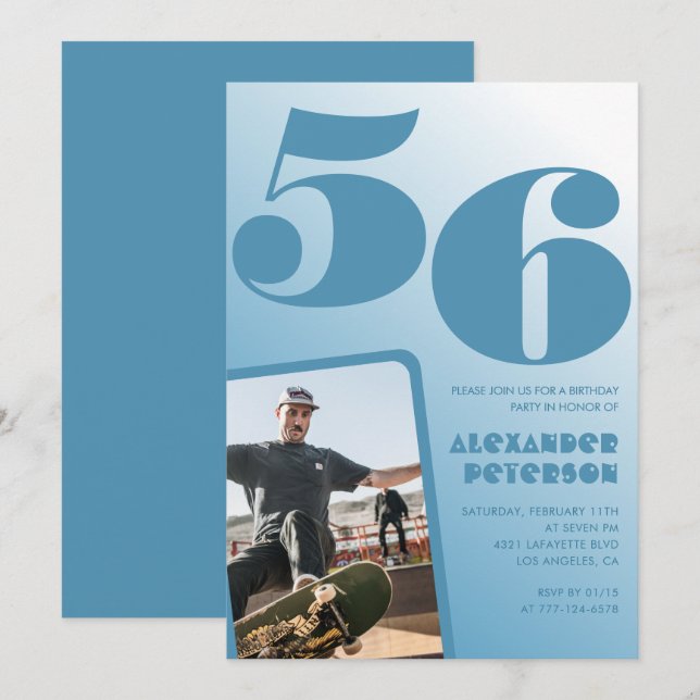 Blue Men Photo gradient 56th birthday invitations  (Front/Back)