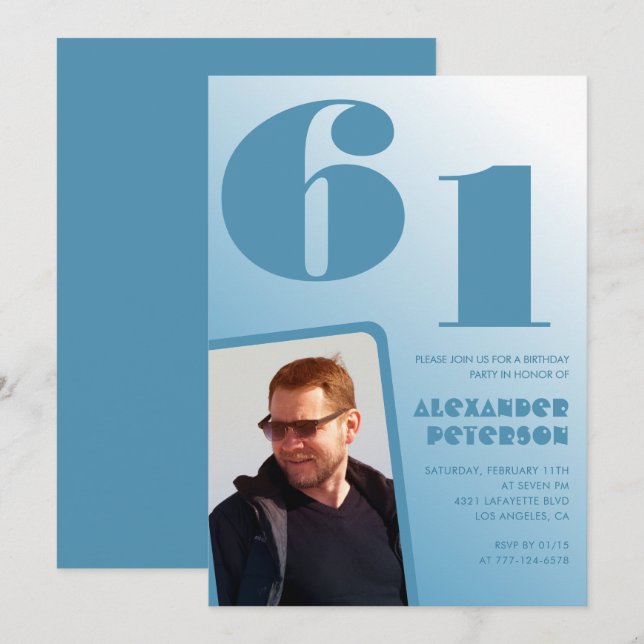 Blue Men Photo gradient 61st birthday invitations  (Front/Back)