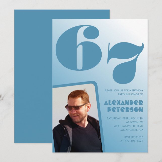 Blue Men Photo gradient 67th birthday invitations  (Front/Back)