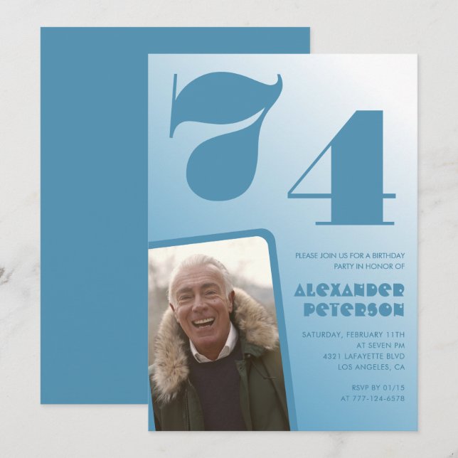 Blue Men Photo gradient 74th birthday invitations  (Front/Back)