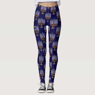 blue menorah hanukkah jewish print leggings