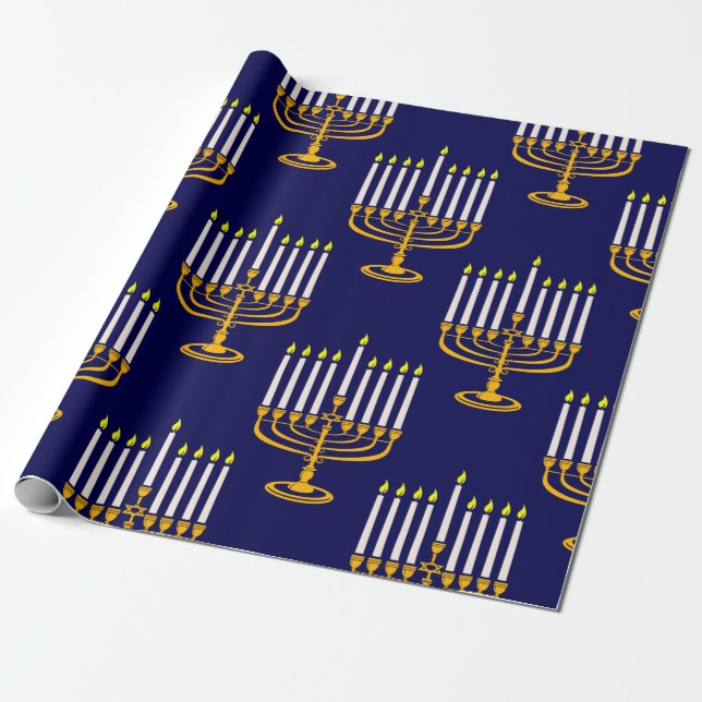 blue menorah hanukkah jewish print wrapping paper (Unrolled)