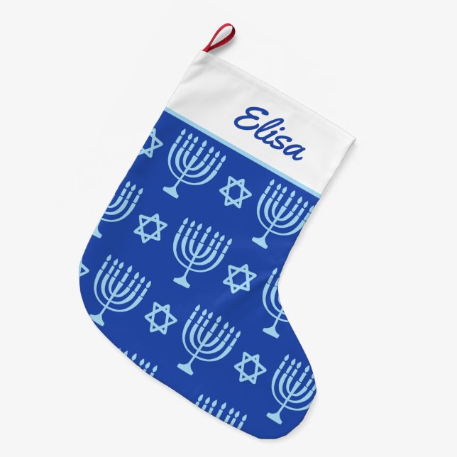 Blue Menorah Large Hanukkah Stocking (Front (Hanging))