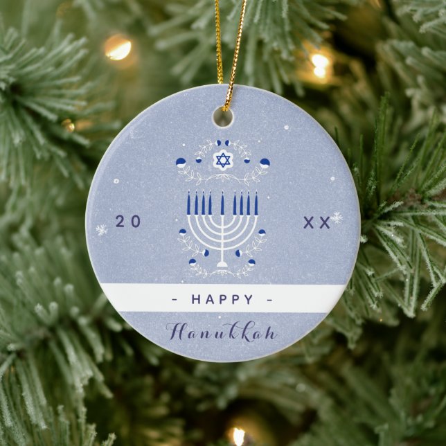 Blue Menorah & Star of David Happy Hanukkah Dated  Ceramic Ornament (Tree)