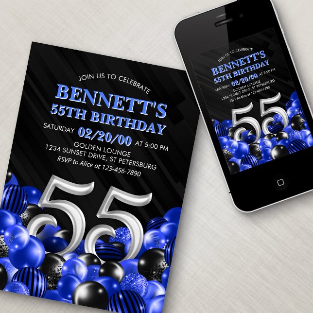 Blue Mens 55th Birthday Invitation (Creator Uploaded)