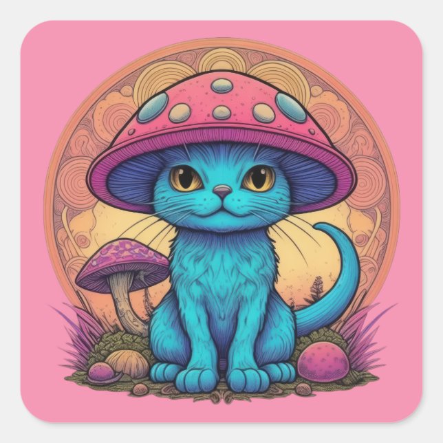Blue Meow Mushroom Square Sticker (Front)