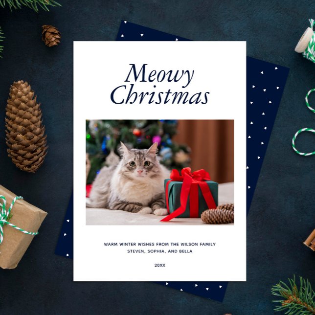 Blue "Meowy Christmas" Personalized Photo Holiday Card (Creator Uploaded)