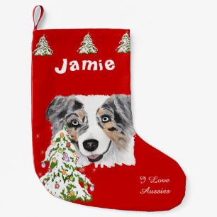 Blue Merle Aussie and Christmas Tree Stocking