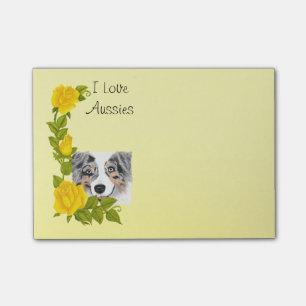 Blue Merle Aussie and Yellow Roses Post-it Notes