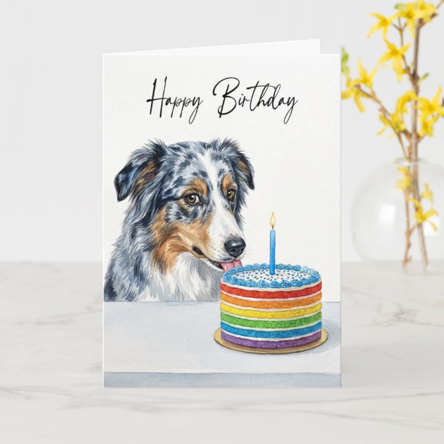 Blue Merle Aussie Birthday Cake Inspector Card (Yellow Flower)