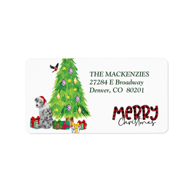 Blue Merle Aussie Christmas Tree Return Address Label (Front)