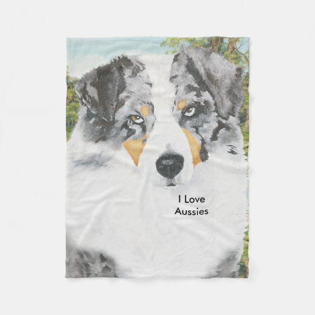 Blue Merle Aussie Portrait Fleece Blanket (Front)