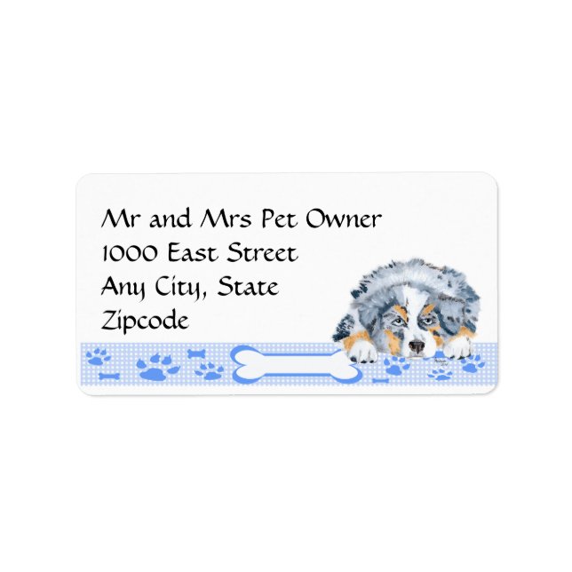 Blue Merle Aussie Puppy on Blue Gingham Label (Front)