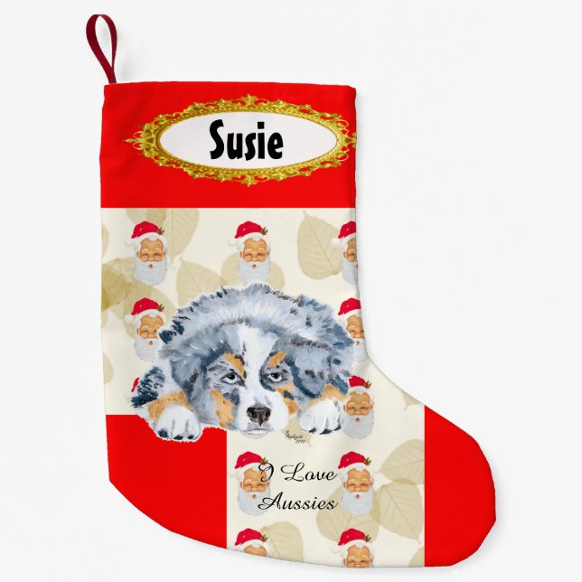 Blue Merle Aussie Puppy w/Santa Stocking (Front)