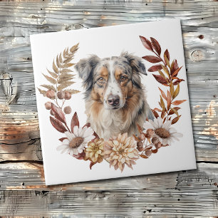 Blue Merle Australian Shepherd Dog Autumn Wreath Tile
