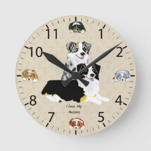Blue Merle & Black Tri Australian Shepherds Round Clock