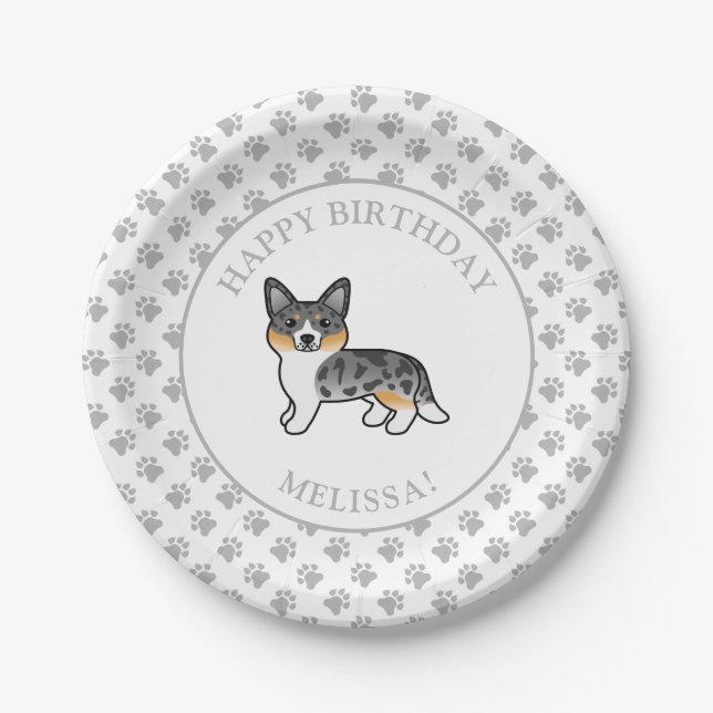 Blue Merle Cardigan Welsh Corgi Dog Birthday Party Paper Plate (Front)