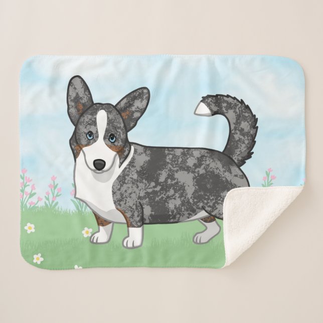 Blue Merle Cardigan Welsh Corgi Flowers Sherpa Blanket (Front (Horizontal))