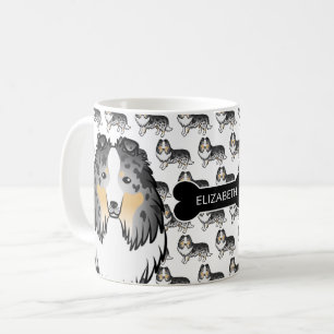 Blue Merle Cartoon Sheltie With Dog Bone & Name Coffee Mug