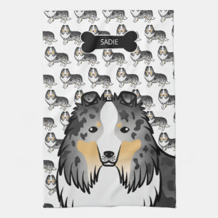 Blue Merle Cartoon Sheltie With Dog Bone & Name Kitchen Towel