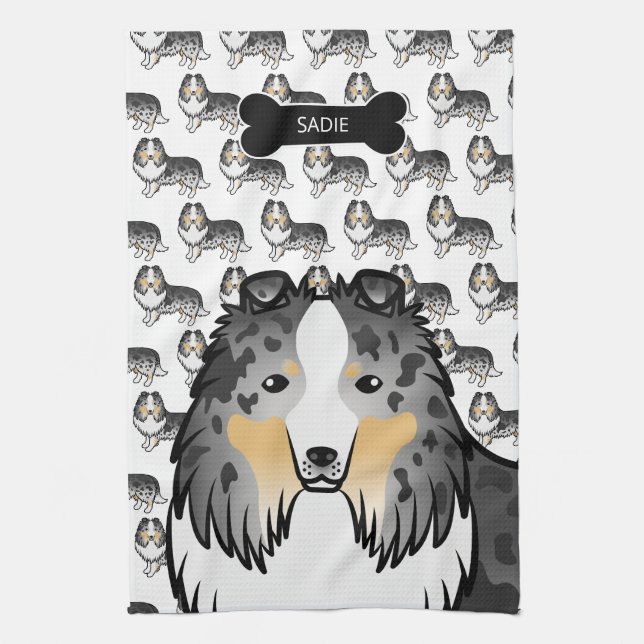 Blue Merle Cartoon Sheltie With Dog Bone & Name Kitchen Towel (Vertical)