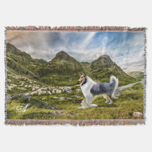 Blue Merle Collie Herding Sheep - Personalized Throw Blanket