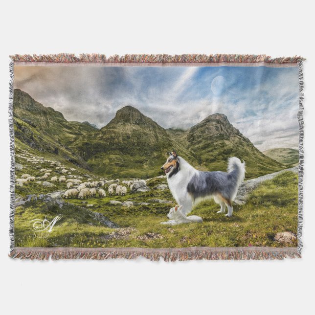 Blue Merle Collie Herding Sheep - Personalized Throw Blanket (Front)
