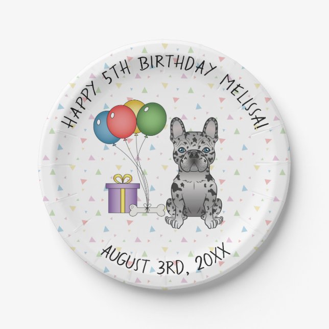 Blue Merle French Bulldog Cartoon Dog Birthday Paper Plate (Front)