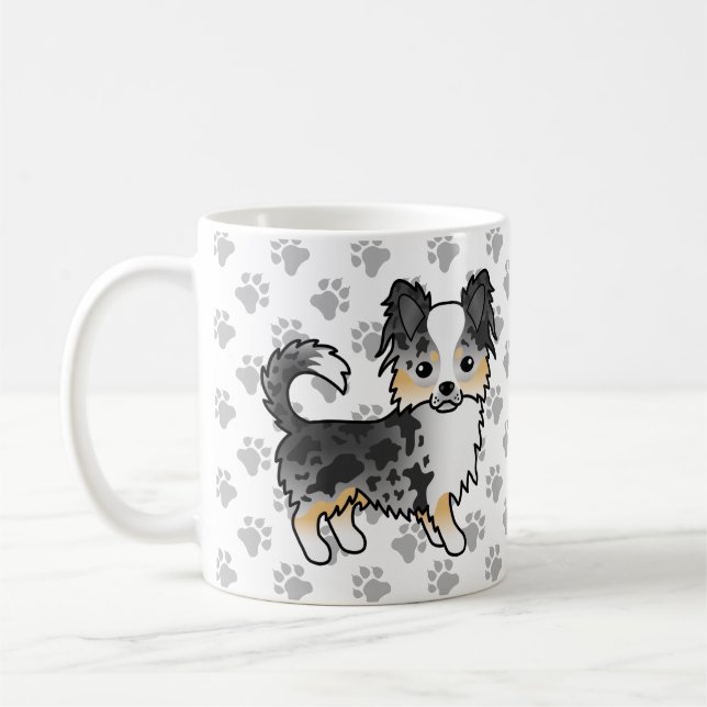 Blue Merle Long Coat Chihuahua Cartoon Dog & Paws Coffee Mug (Left)