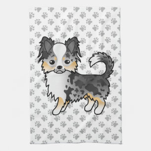 Blue Merle Long Coat Chihuahua Cartoon Dog & Paws Kitchen Towel