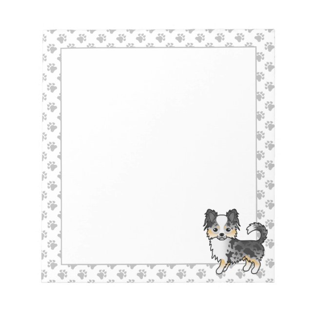 Blue Merle Long Coat Chihuahua Cartoon Dog & Paws Notepad (Front)