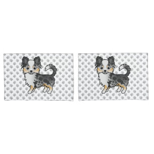 Blue Merle Long Coat Chihuahua Cartoon Dog & Paws Pillowcase
