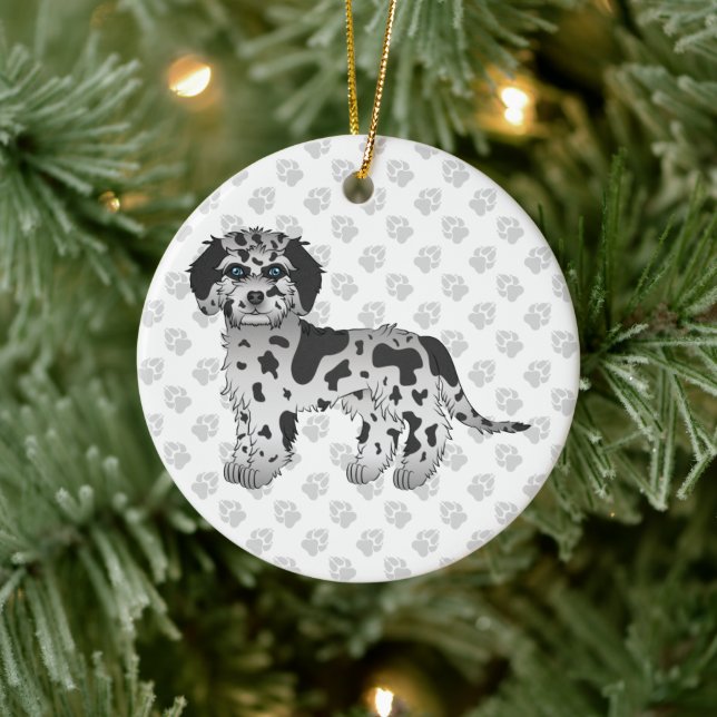 Blue Merle Mini Goldendoodle Cartoon Dog & Text Ceramic Ornament (Tree)
